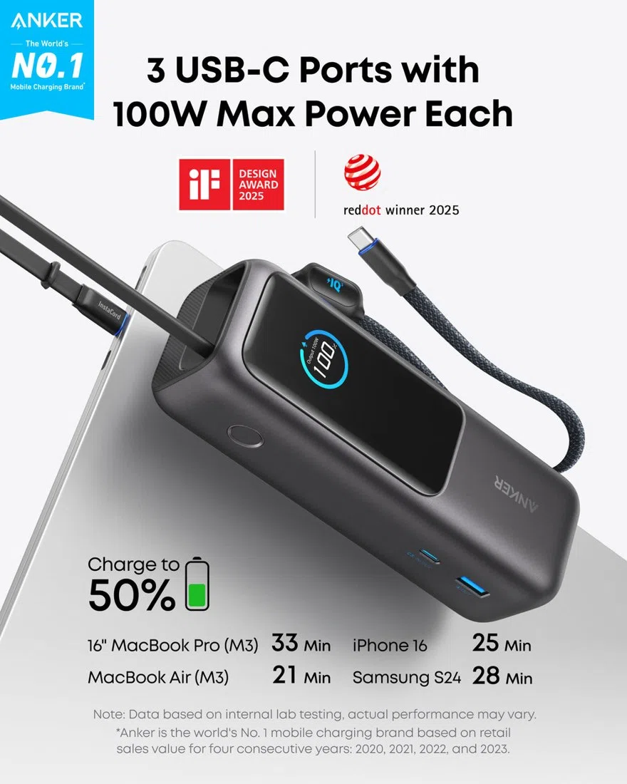 Anker Laptop Power Bank (25K, 165W, Built-In and Retractable Cables) view 2