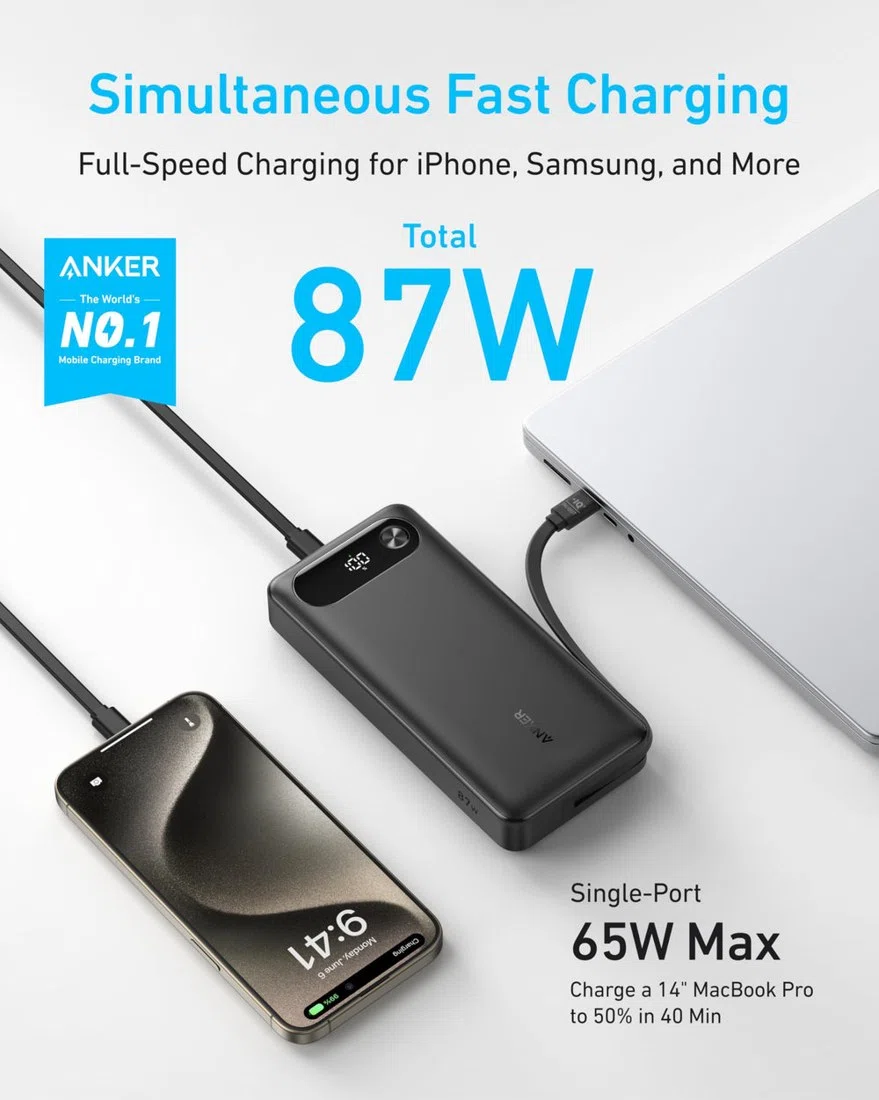 Anker Power Bank (20K, 87W, Built-In USB-C Cable) view 2