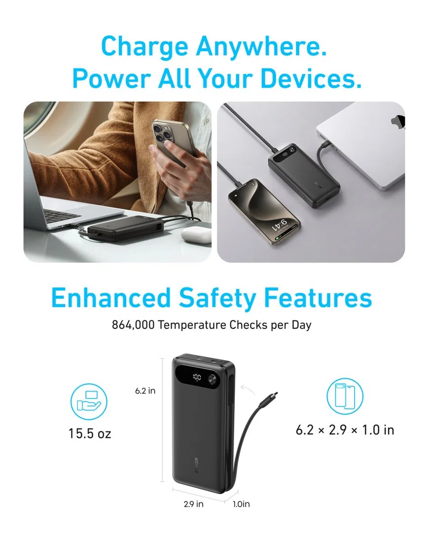 Anker Power Bank (20K, 87W, Built-In USB-C Cable) view 6