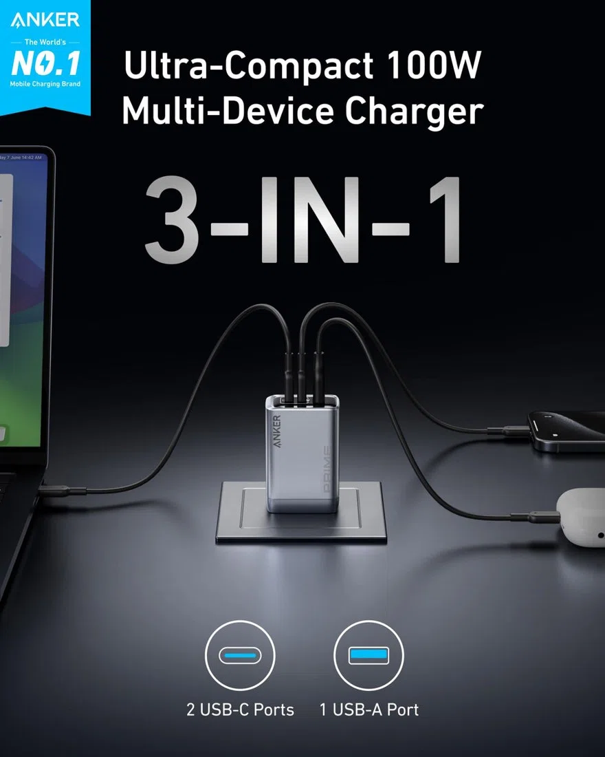 Anker Prime Charger (100W, 3 Ports, GaN) view 2