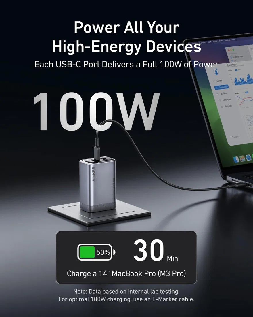 Anker Prime Charger (100W, 3 Ports, GaN) view 3