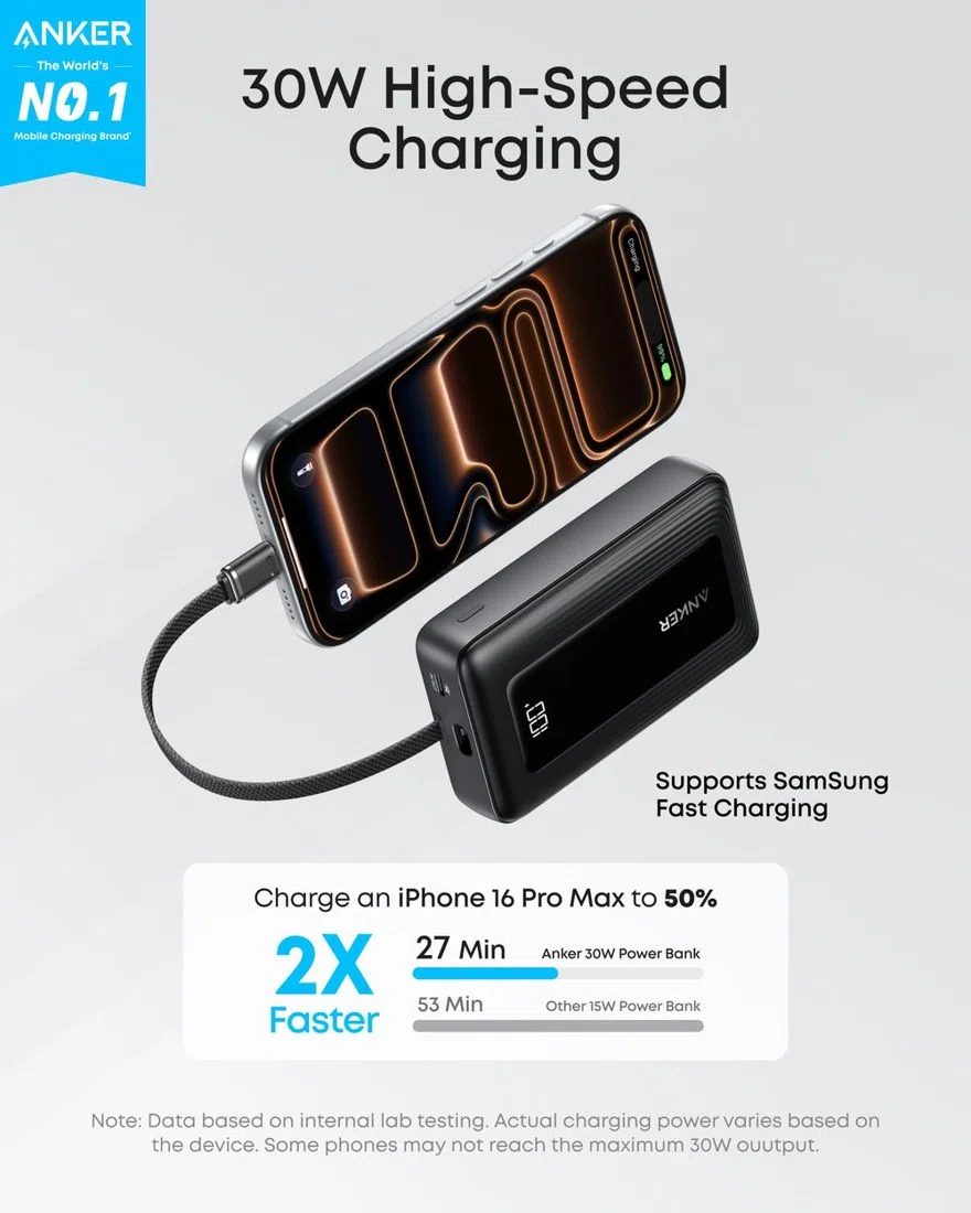 Anker Zolo Power Bank (10K, 30W) with a 5.4-inch (13.7 cm) built-in USB-C cable. view 2