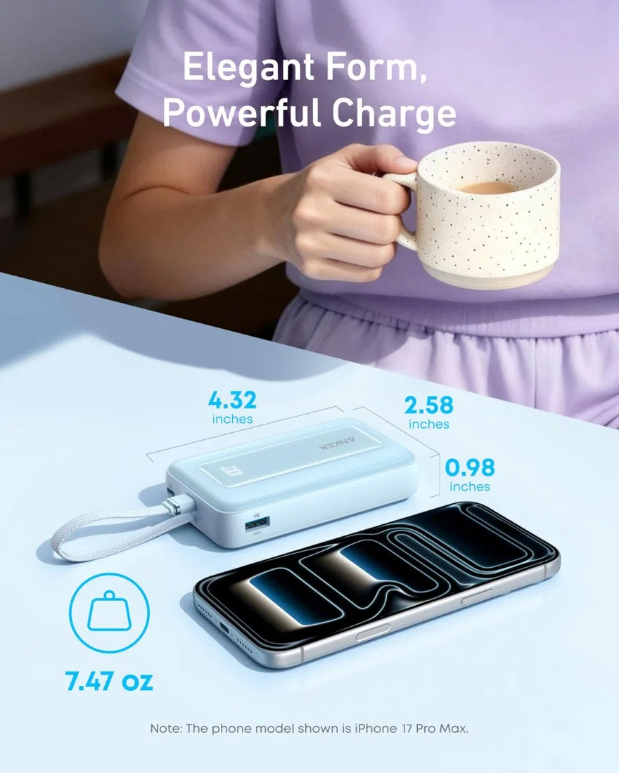 Anker Zolo Power Bank (10K, 30W) with a 5.4-inch (13.7 cm) built-in USB-C cable. view 4