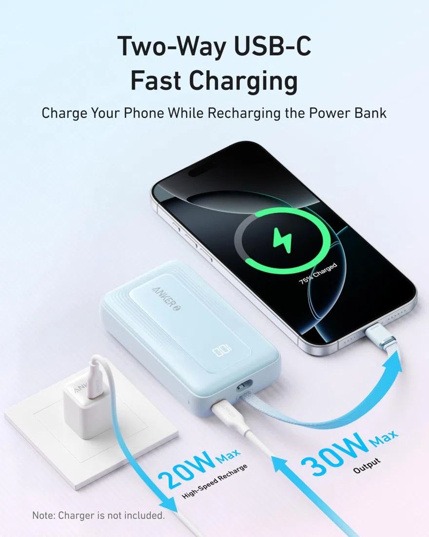 Anker Zolo Power Bank (10K, 30W) with a 5.4-inch (13.7 cm) built-in USB-C cable. view 5
