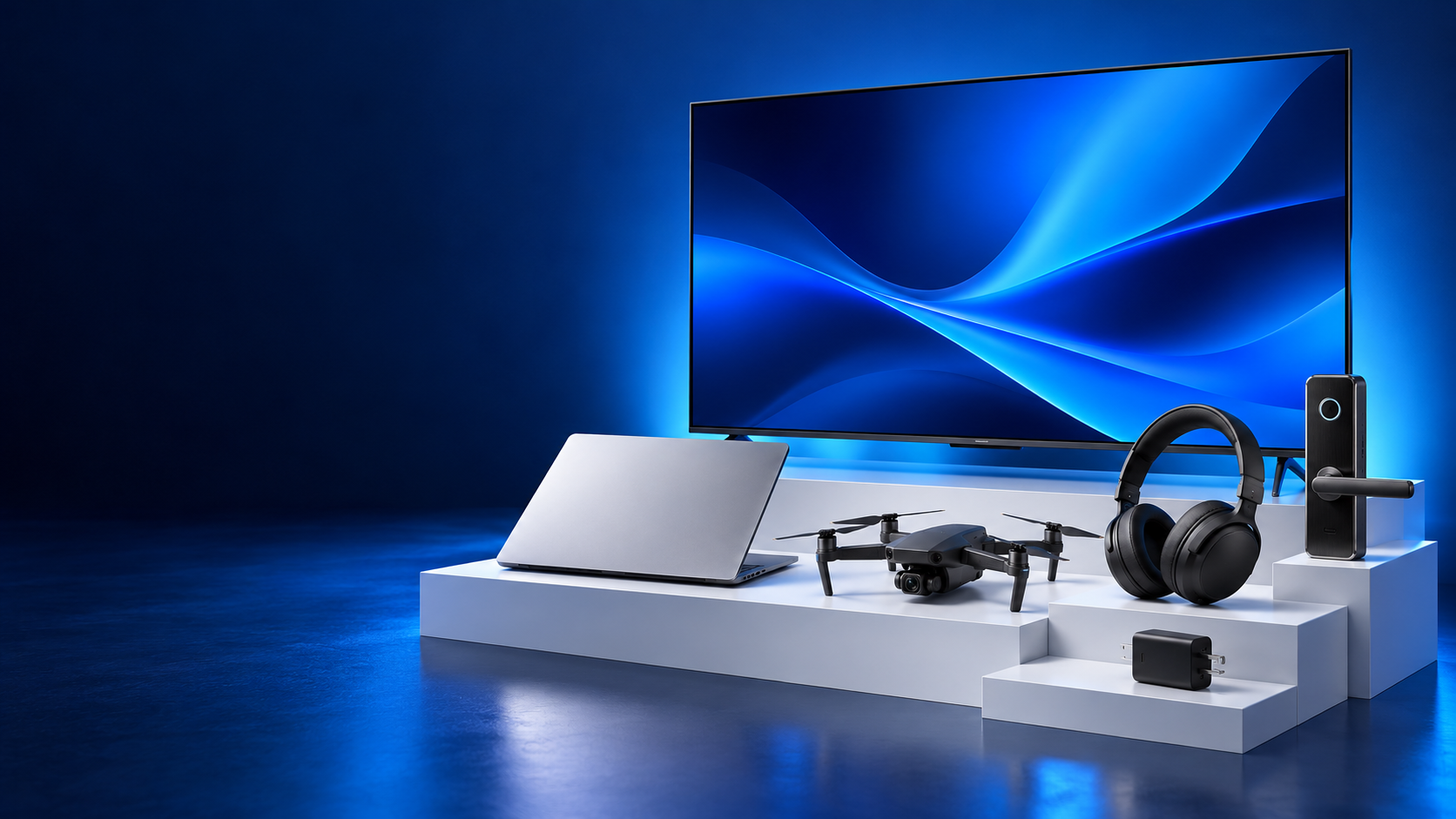 Curated selection of a TV, laptop, drone, headphones, smart lock and charging accessories